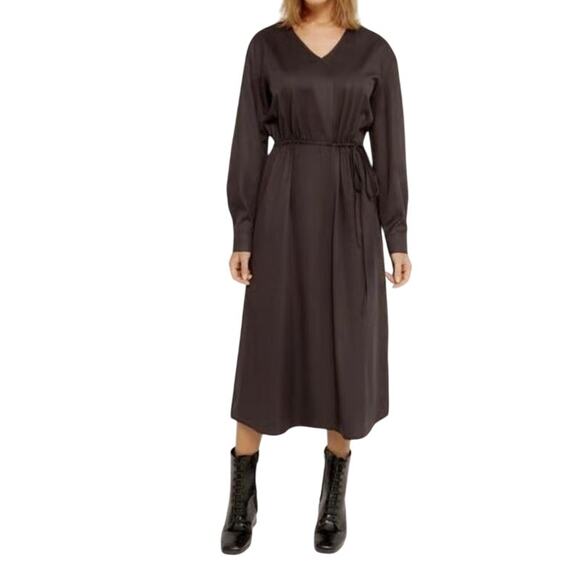 Harshman Belinda A-Line Midi Dress Black Brushed Cotton Draw String Waist NWT M - Picture 1 of 10